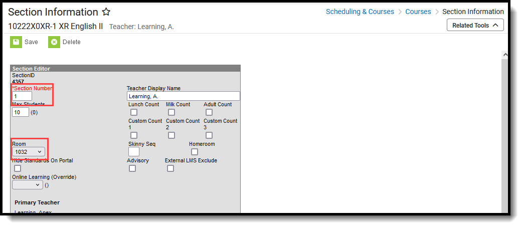 Screenshot of the Section Information editor, show the Section Number and Room. 