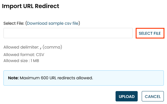 Callout of the IMPORT SELECT FILE on the Import URL Redirect modal of the URL Redirects page of Monetate's Personalized Site Search