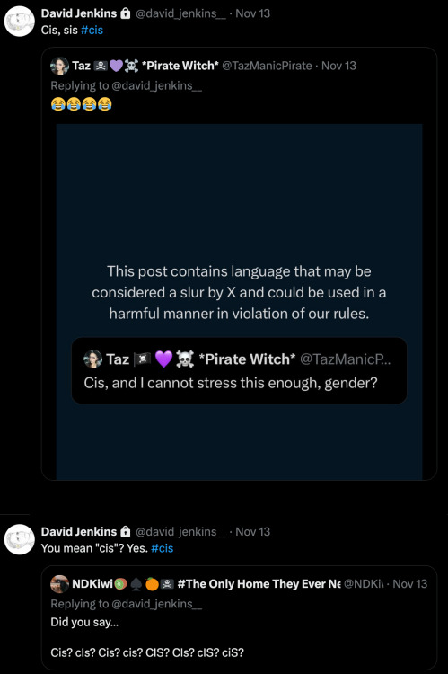 Twitter post by david jenkins showing that another post was flagged for hate speech because of the world cis