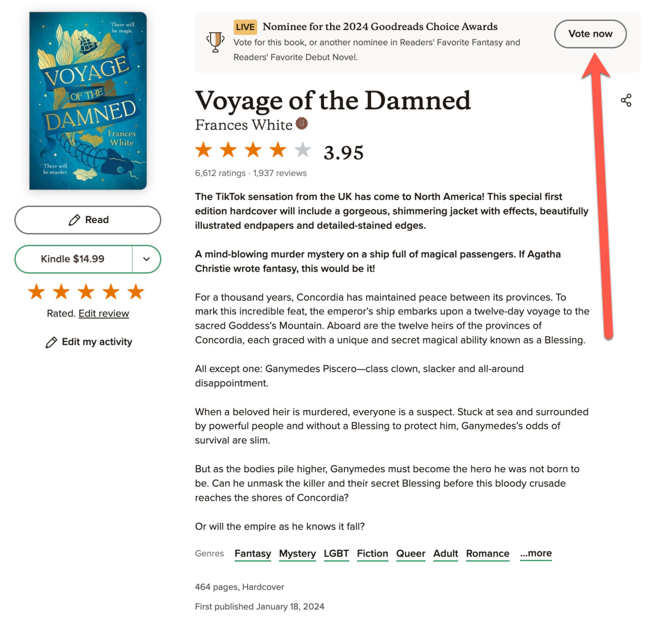 picture of goodreads page for the book voyage of the damned by frances white that has a red arrow pointing to the Vote Now button for 2024 Goodreads Choice Awards