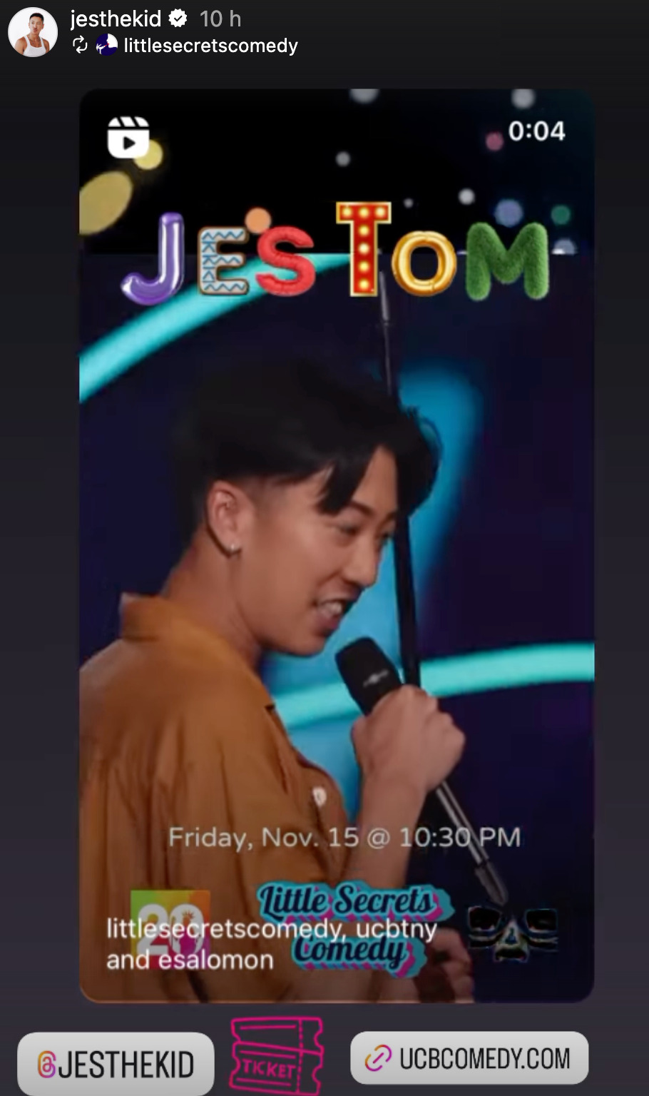 Image of jes tom doing stand up with date of new comedy gig Nov 15th 