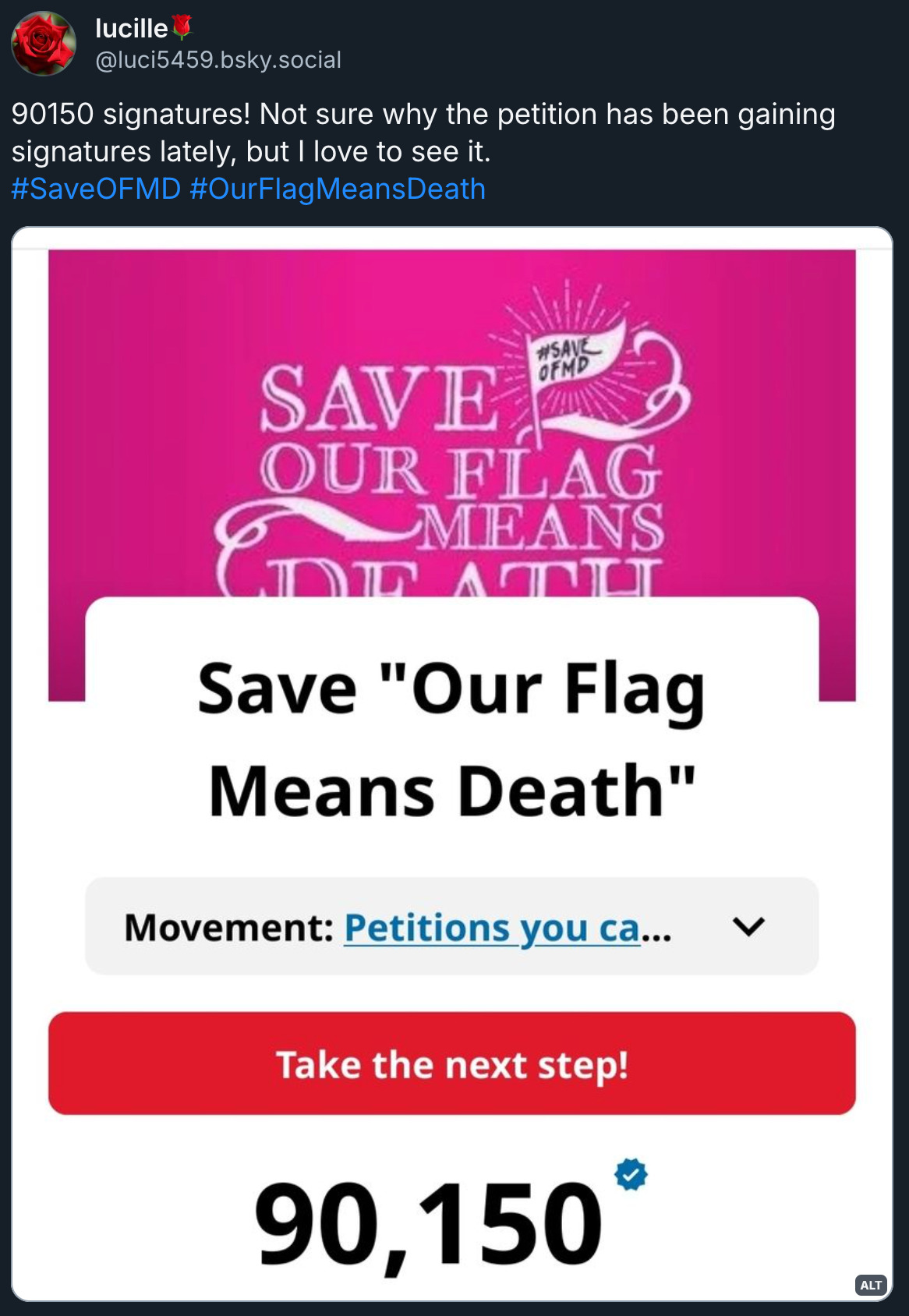 Screenshot of the Save Our Flag Means Death petition with 90150 signatures.