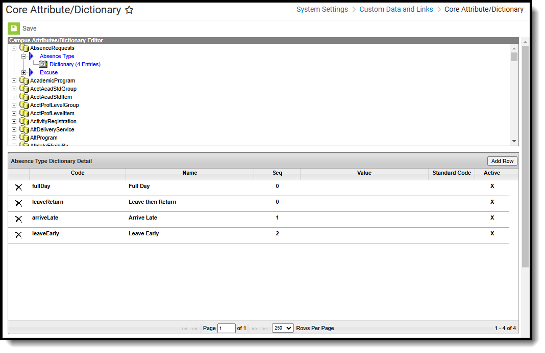 Screenshot of absence types