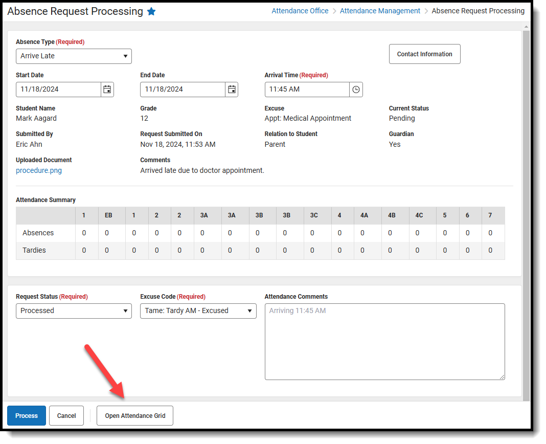 Screenshot of the open attendance grid button