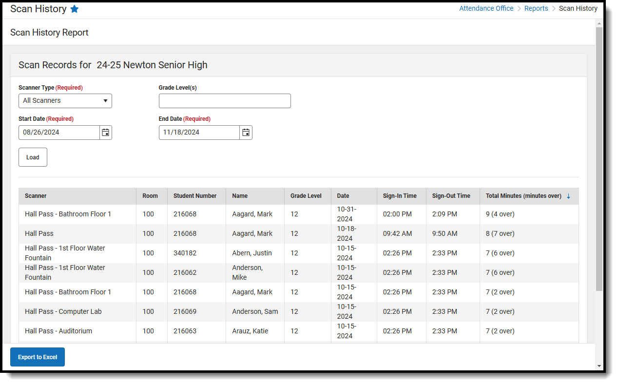 Screenshot of Scan History results with All Scanners selected