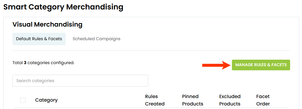 Callout of the MANAGE RULES & FACETS button on the Visual Merchandising page of Monetate's Personalized Category Pages feature
