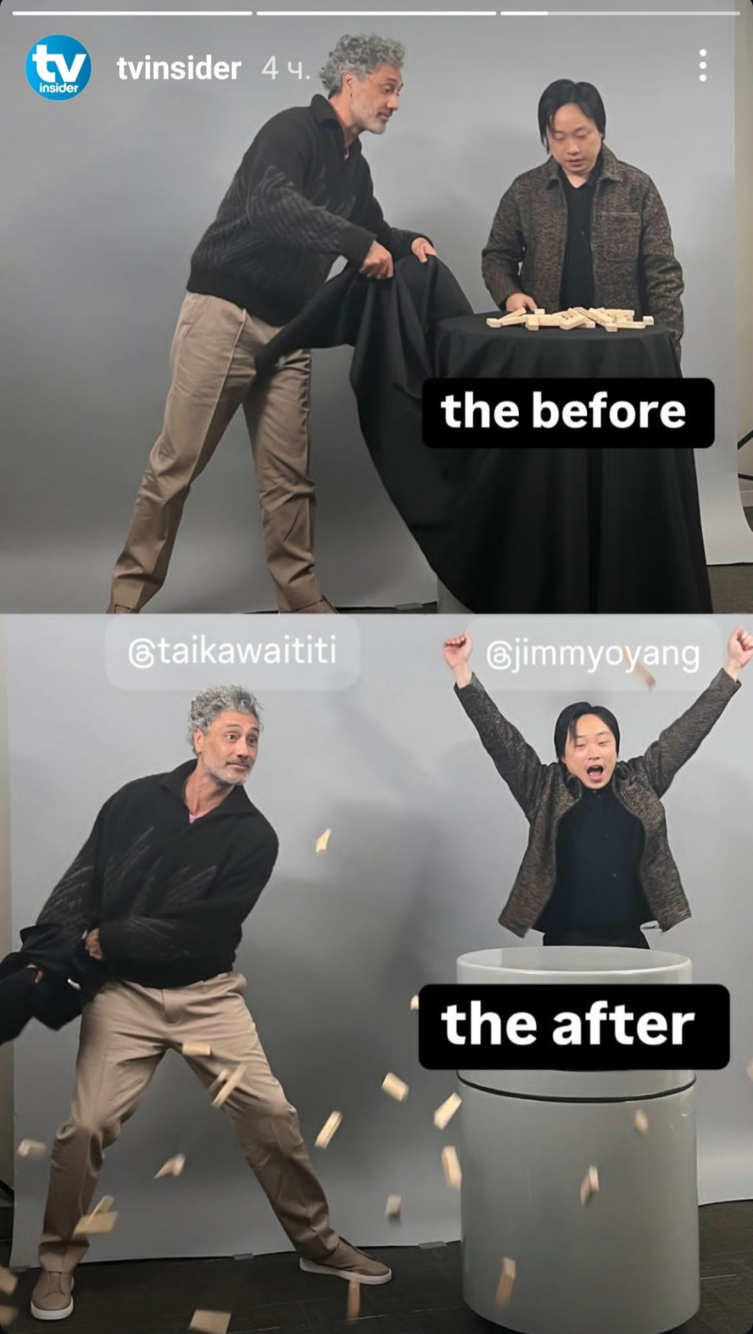 Taika waititi and Jimmy o Yang are playing jenga and with text showing 