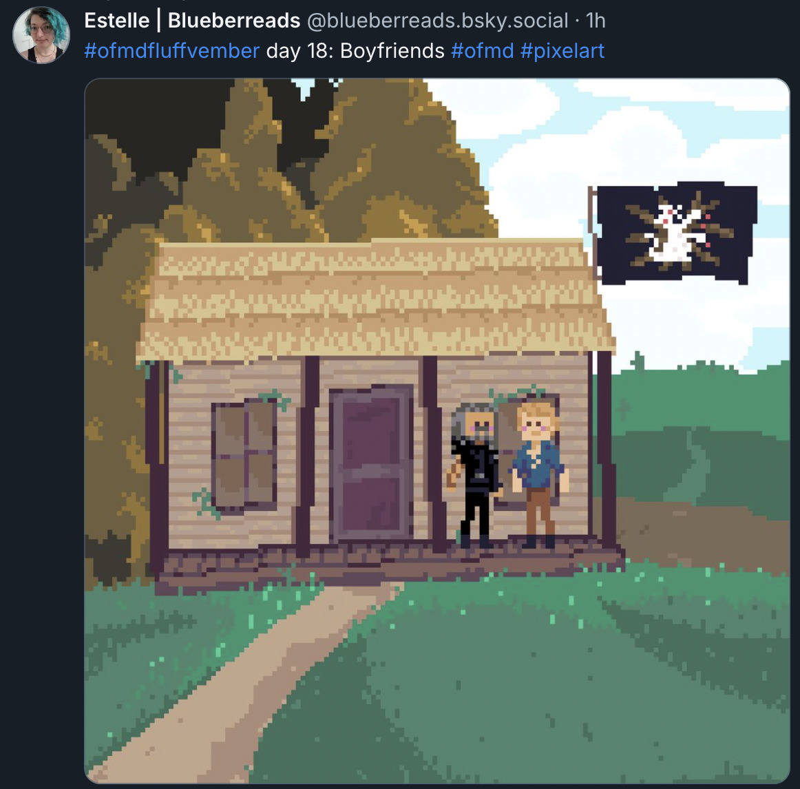  Estelle | Blueberreads ‪@blueberreads.bsky.social‬  #ofmdfluffvember  day 18: Boyfriends  #ofmd   #pixelart  Picture of stede and ed outside their inn