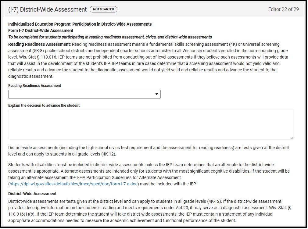 Screenshot of the district wide assessment editor.