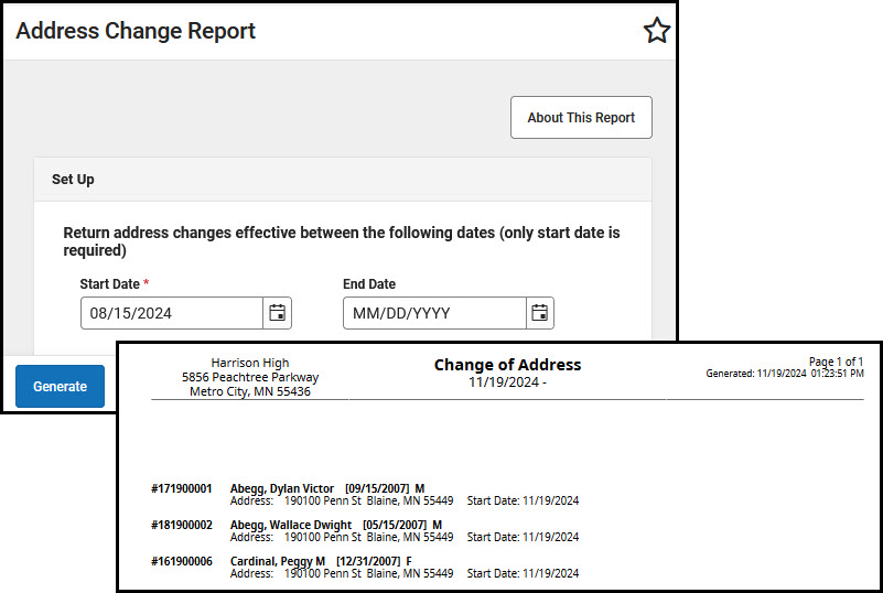 Screenshot of Address Change Report.