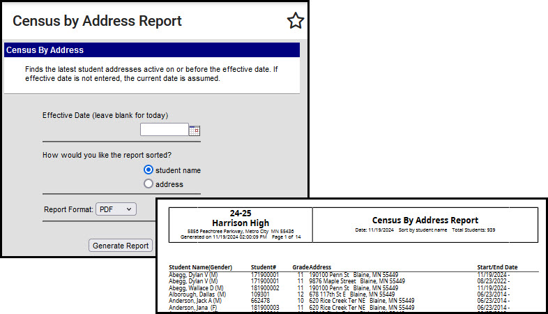 Screenshot of Census by Address report.