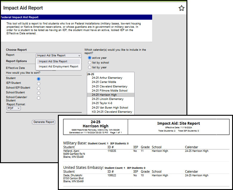 Screenshot of Impact Aid Report.