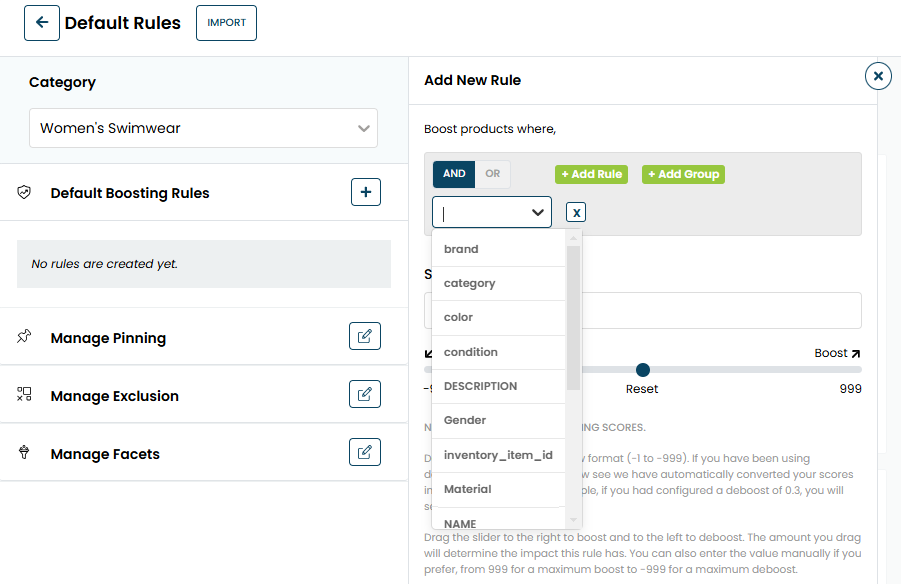 The Add New Rule panel, with the product catalog attribute selector expanded to display the attribute options