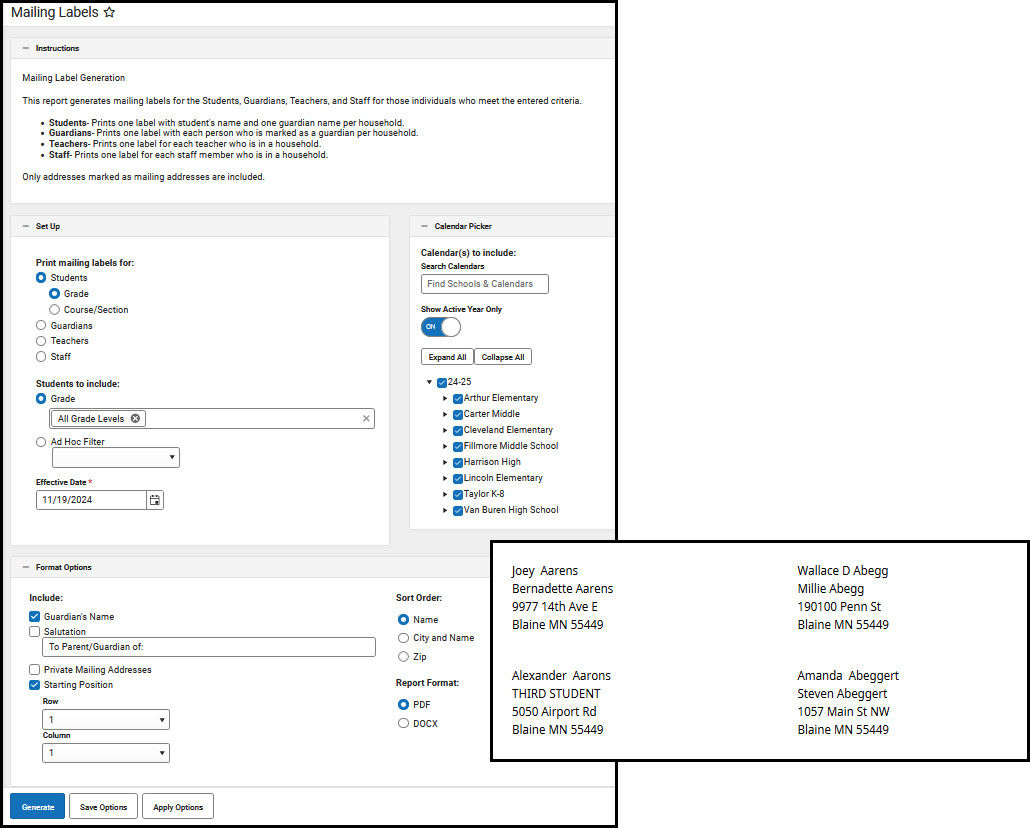 Screenshot of Mailing Labels Report.