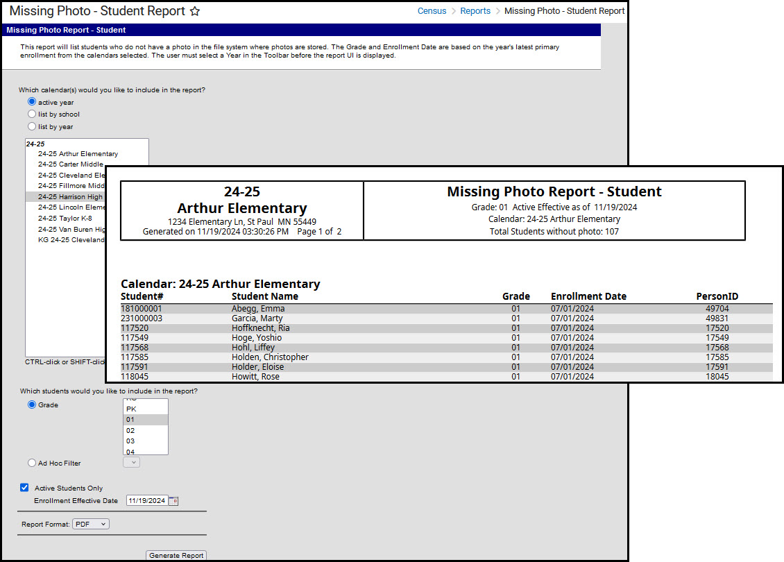 Screenshot of Missing Photo report.