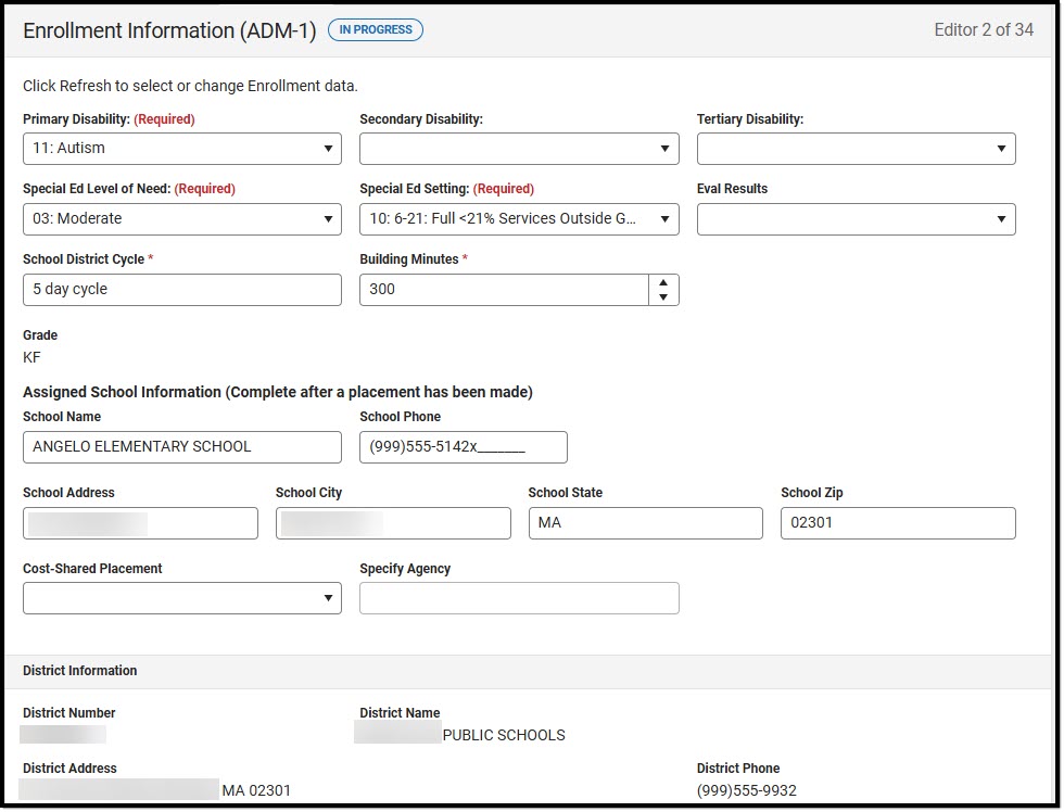 Screenshot of the Enrollment Information (ADM-1) Editor. 