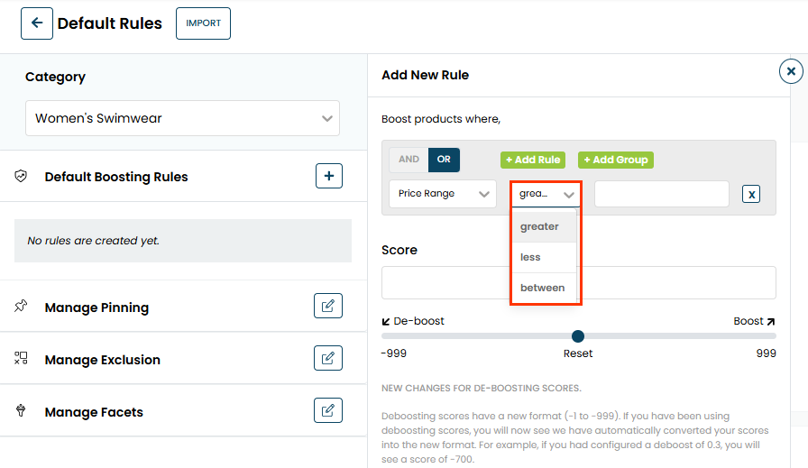 The Add New Rule panel, with Price Range selected for the attribute and the operator selector expanded to display the options