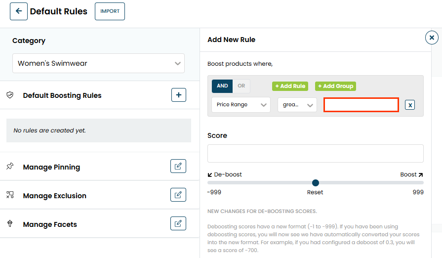 The Add New Rule panel, with Price Range selected for the attribute, 'greater' selected for the operator, and a callout of the text field for the value