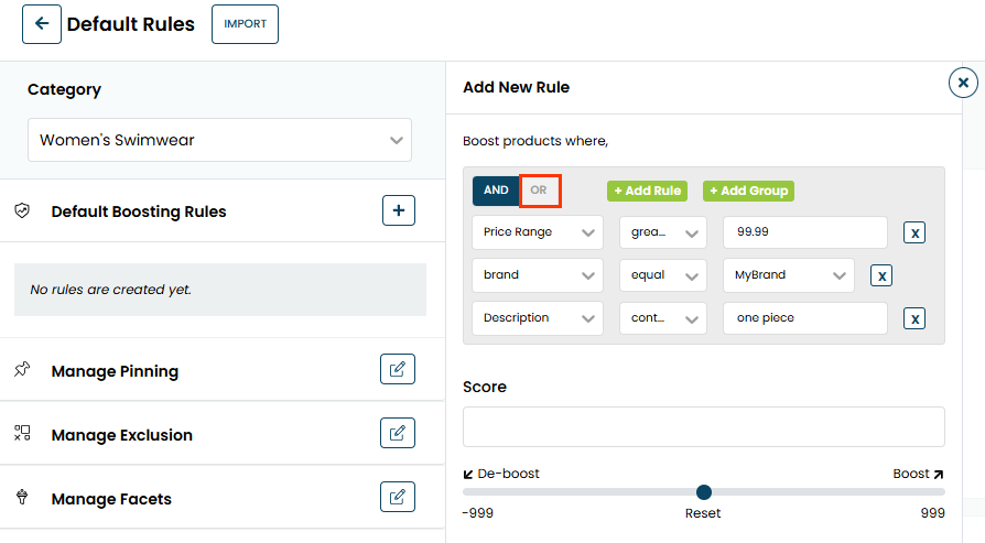 Callout of the OR logic connector option on the Add New Rule panel