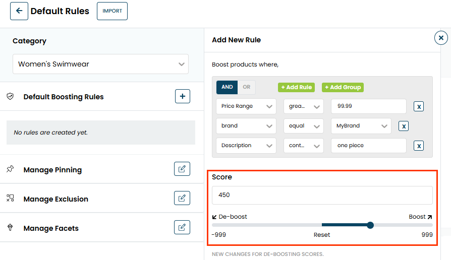 Callout of the Score field and slider on the Add New Rule panel