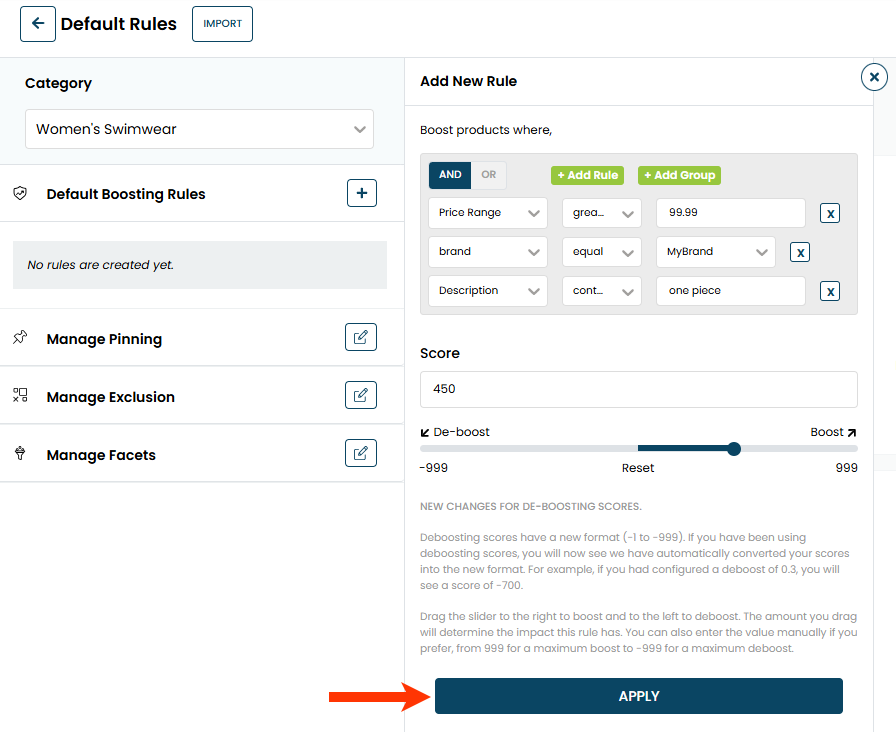 Callout of the APPLY button on the Add New Rule panel