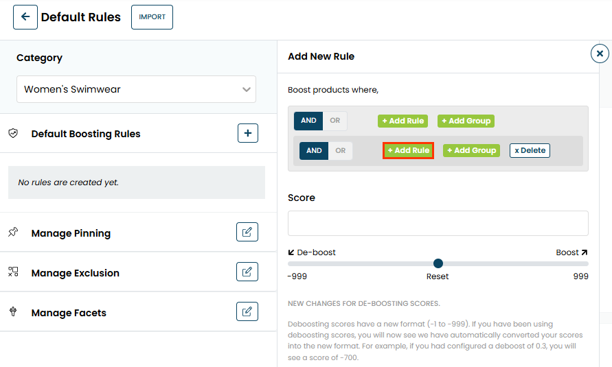 Callout of the Add Rule button within a grouped conditions rule on the Add New Rule panel for Default Boosting Rules on the Default Rules page