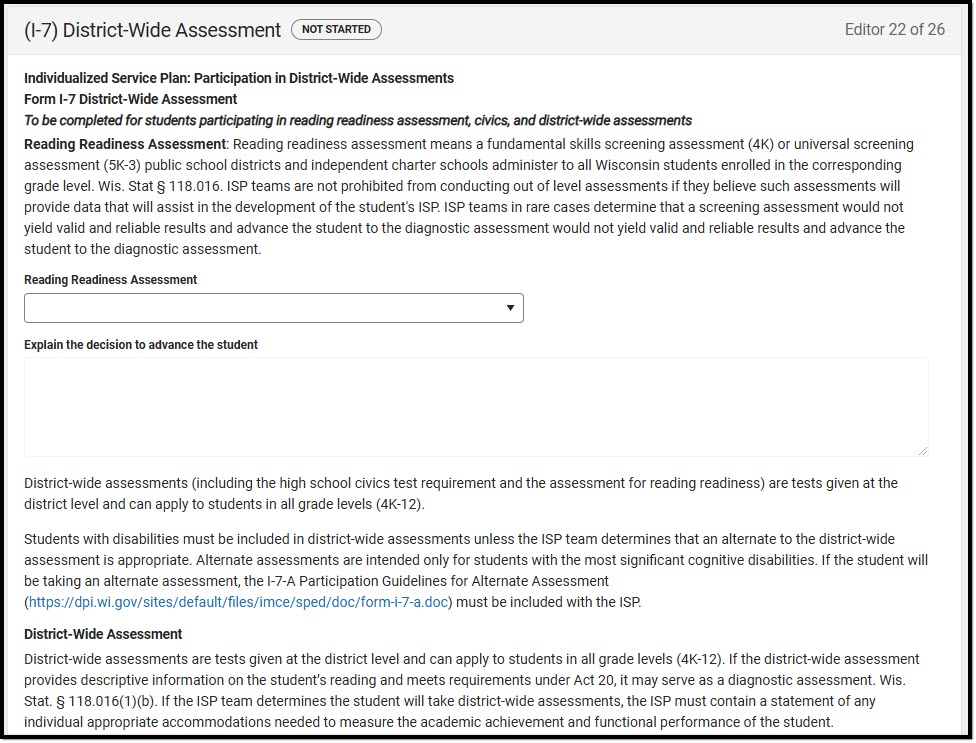 Screenshot of the District-Wide Assessments editor.