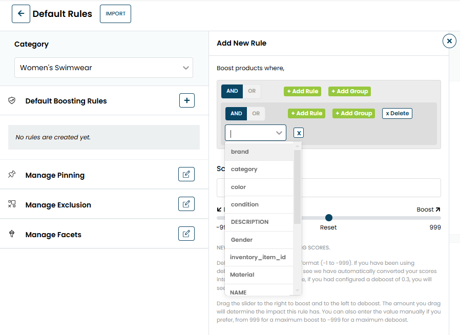 The Add New Rule panel, with the product catalog attribute selector expanded to display the attribute options for the first attribute-value condition in a grouped conditions rule