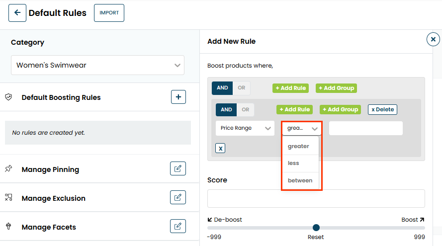 The Add New Rule panel, with Price Range selected for the attribute and the operator selector expanded to display the options for the first attribute-value condition in a grouped conditions rule