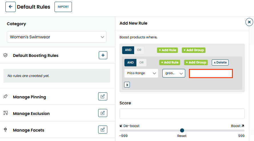 The Add New Rule panel, with Price Range selected for the attribute, 'greater' selected for the operator, and a callout of the text field for the value for the first attribute-value condition in a grouped conditions rule