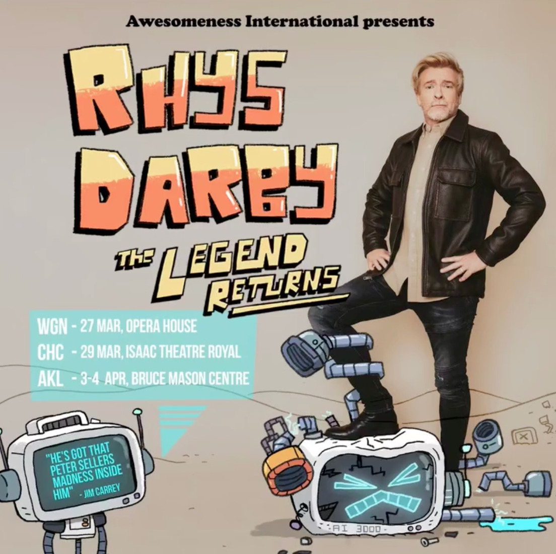 Picture of Rhys darby in a leather jacket stepping on a cartoon robot. Other robot says 