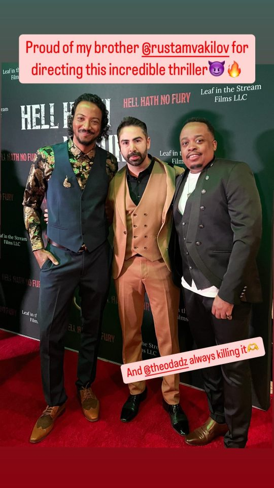 Text: Proud of my borther @rustamvakilove for directing this incredible thriller.  Picture of samba with two other cast members of Hell Hath No Fury