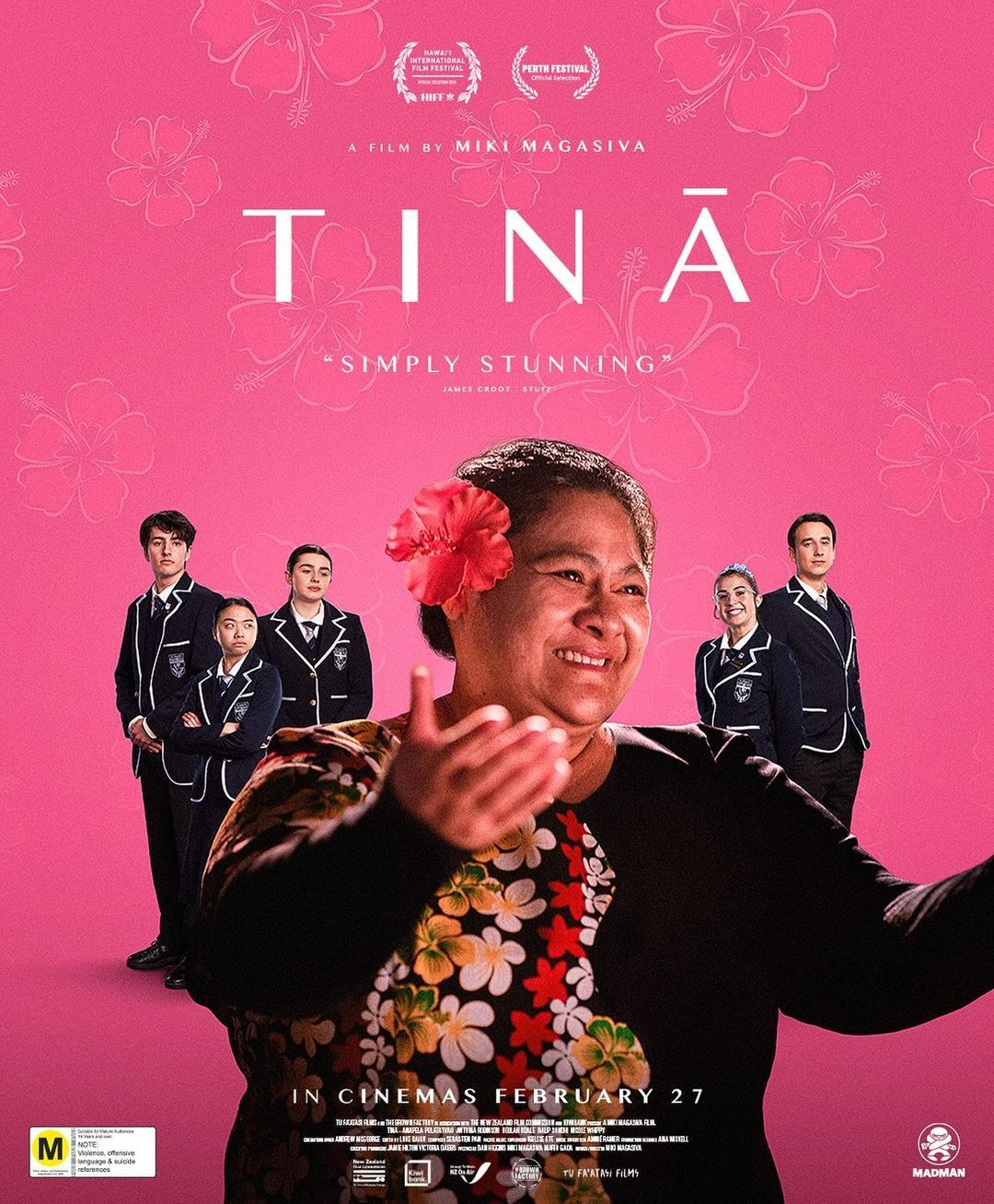 Tinā promo poster. Pink background with white text, Anapela is standing in front with students behind her.