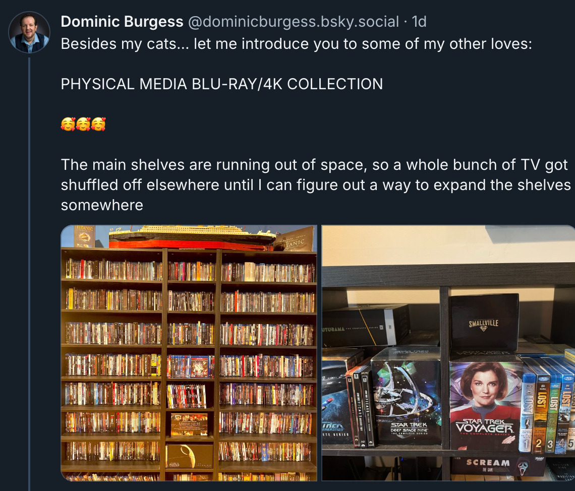  Screen shot of a bluesky post: ‪Dominic Burgess‬ ‪@dominicburgess.bsky.social‬  Besides my cats… let me introduce you to some of my other loves:  PHYSICAL MEDIA BLU-RAY/4K COLLECTION   🥰🥰🥰  The main shelves are running out of space, so a whole bunch of TV got shuffled off elsewhere until I can figure out a way to expand the shelves somewhere  Two Images Attached: One of a very elaborate wall and shelf filled with dvds and physical media, the second with bluerays and dvd's with Star Trek Voyager as a highlight