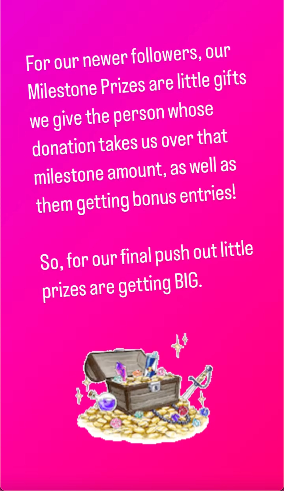 For our newer followers, our Milestone Prizes are little gifts we give the person whose donation takes us over that milestone amount, as well as them getting bonus entries! So for our final push out little prizes are getting BIG!