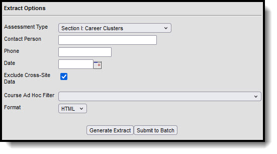 Screenshot of the extract editor with Assessment Type of Section I: Career Clusters selected. 