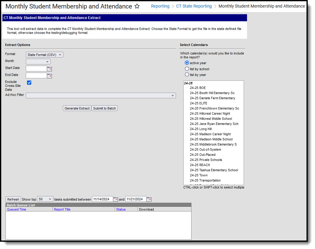 Screenshot of the Monthly Student Membership and Attendance extract editor.  