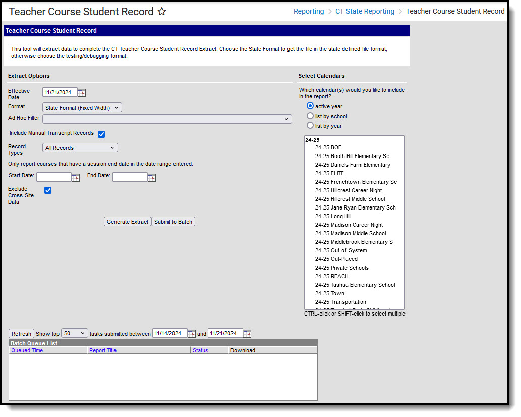 Screenshot of the Teacher Course Student Record extract editor.