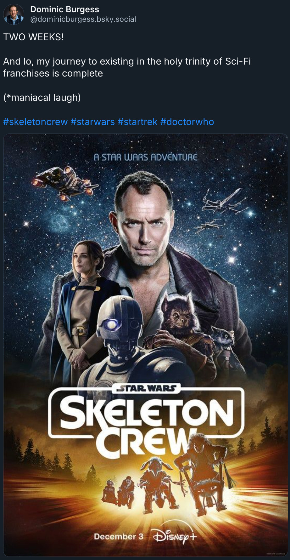 TWO WEEKS!   And lo, my journey to existing in the holy trinity of Sci-Fi franchises is complete   (*maniacal laugh)   #skeletoncrew   #starwars   #startrek   #doctorwho  Picture below shows Jude Law as well as an array of star wars characters facing the screen, with the text Skeleton crew, December 3 Disney