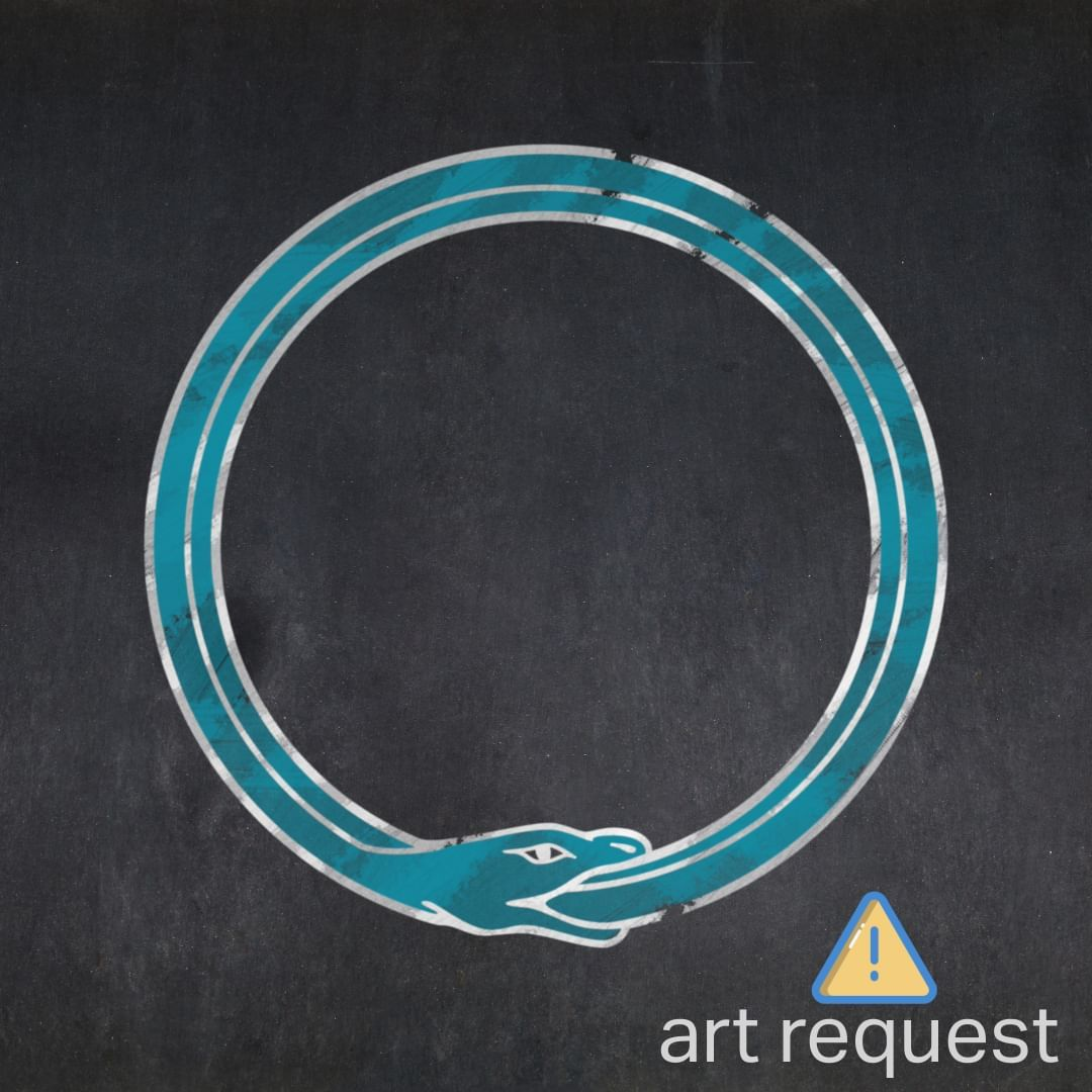 black background with blue snake eating it's own tail with an alert emoji that says art request beneath it