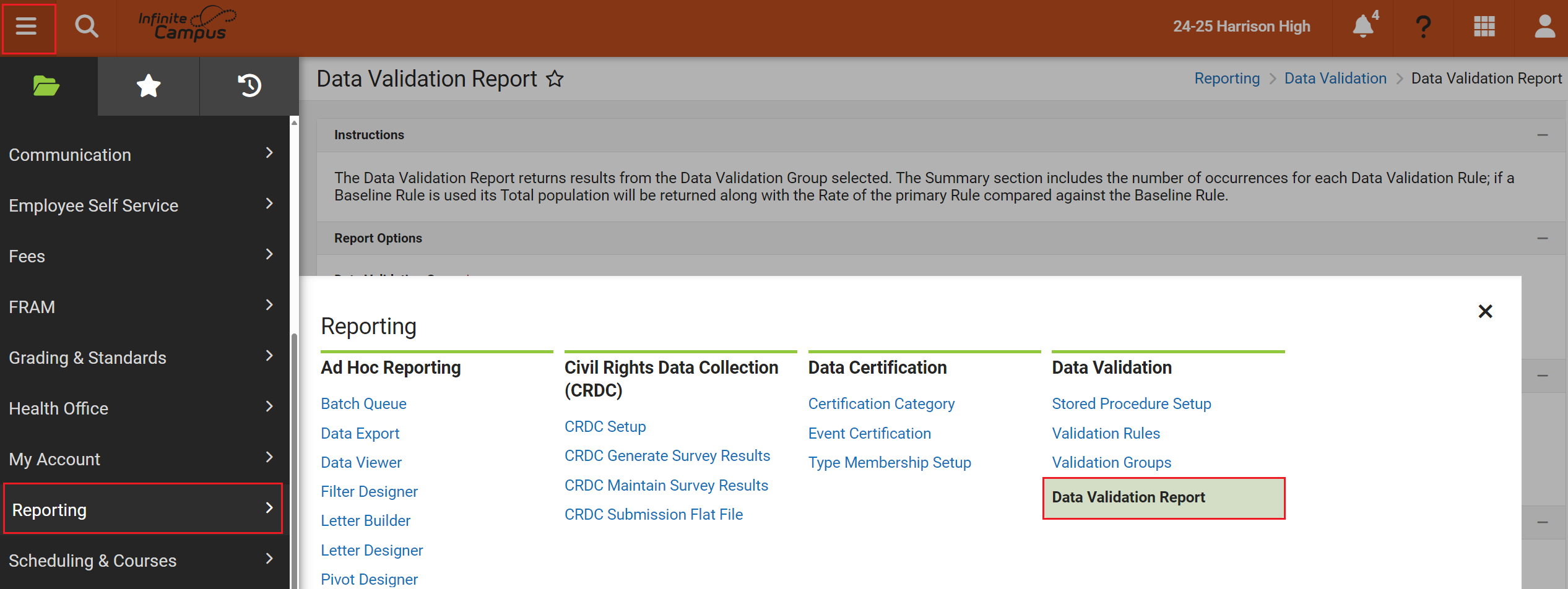 Reporting Data Validation menu