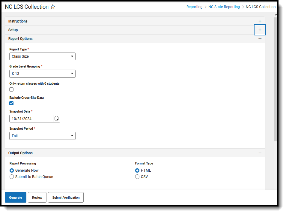 Screenshot of the NC LCS Report Editor, showiing the selections for generating the K-13 Leglslative Class Size Report. 