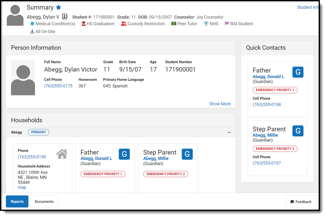 Screenshot of the Student Summary tool.