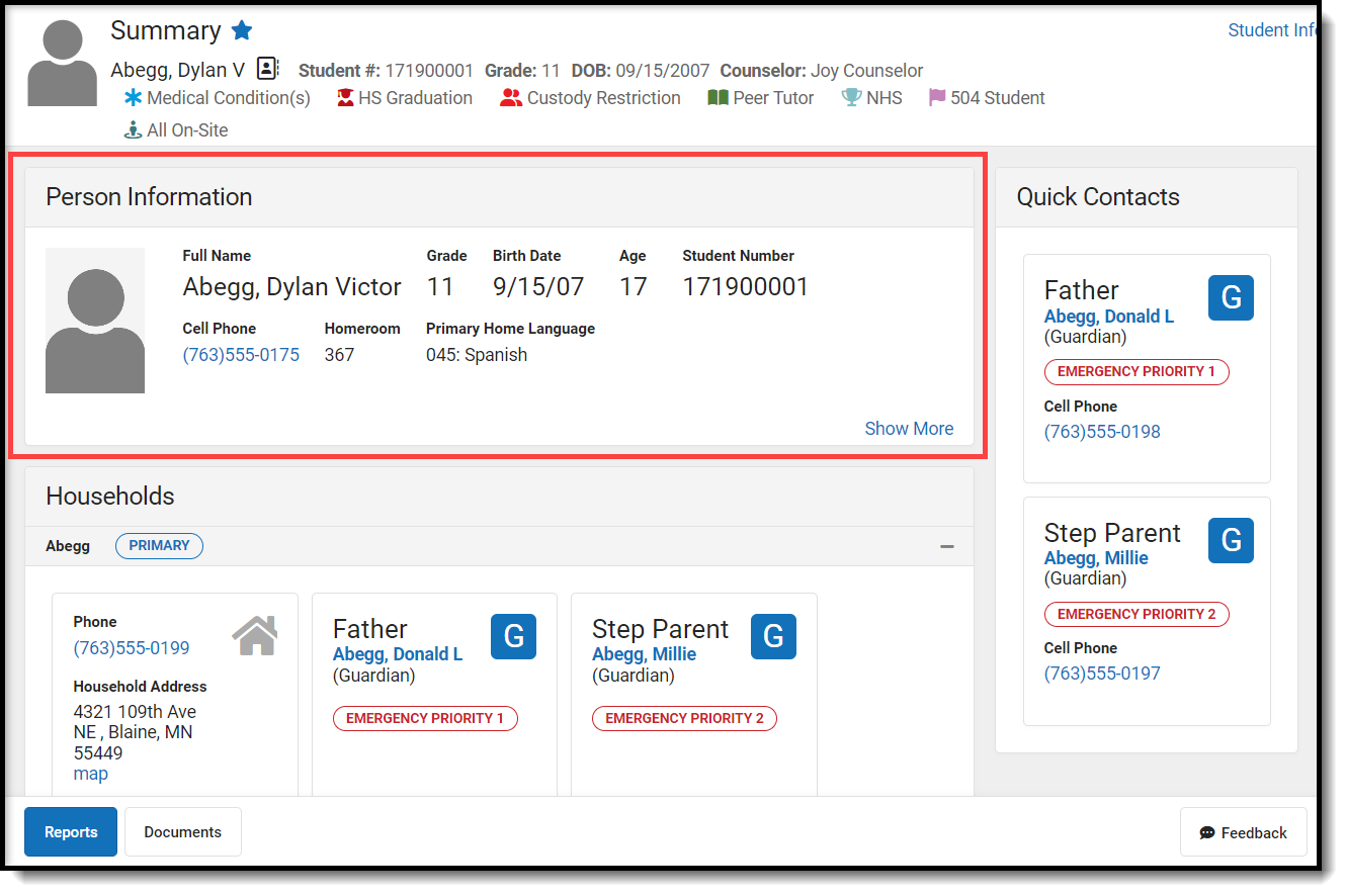 Screenshot of the Student Summary tool highlighting the Person Information section.