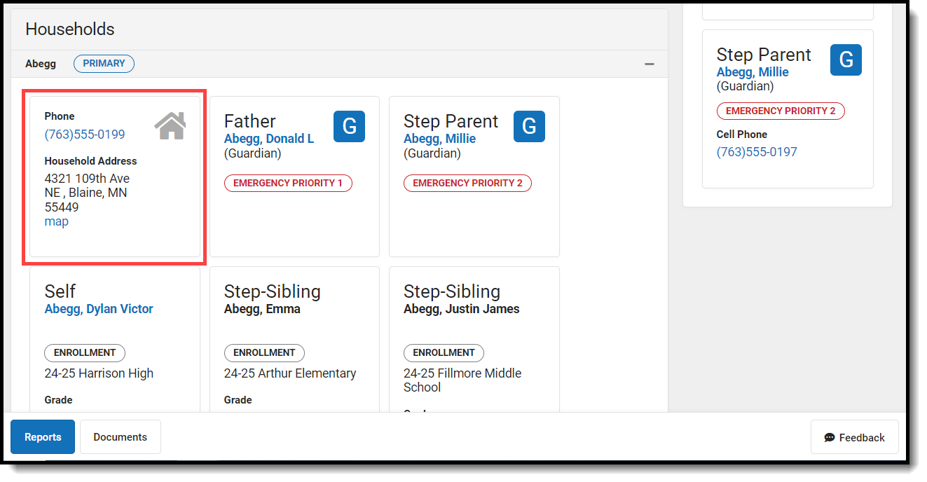 Screenshot of the Households section highlighting the active address information.