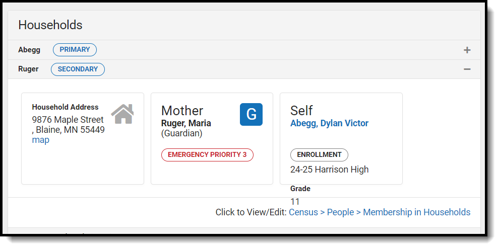 Screenshot of the Households section showing a secondary household.