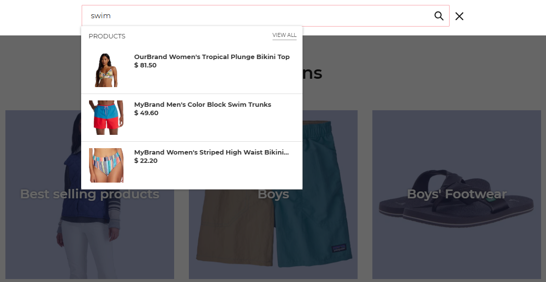 A search modal overlays a clothing retail site. A customer has typed 'swim' into the search field, and beneath Personalized Search has autosuggested 'stonewashed slim jeans' as well as the categories Men's Swimwear, Boys' Swimwear, and Women's Swimwear, along with three individual products: a women's bikini top, a pair of men's swim trunks, and a pair of women's binkini bottoms.