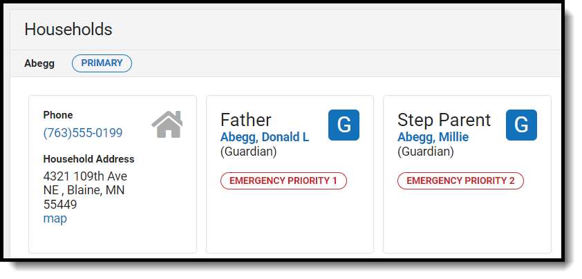 Screenshot of the Student Summary Households area with relationship information.