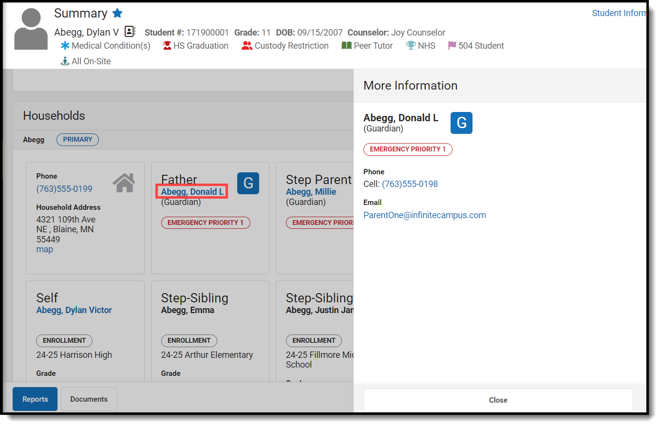 Screenshot of the Student Summary personal contact information side panel.