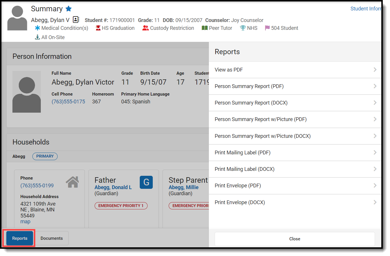 Screenshot of the Student Summary Reports side panel.